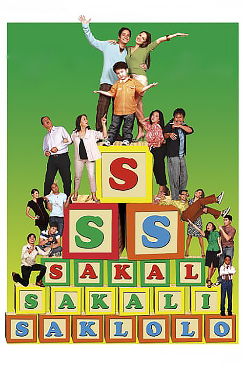 A vibrant poster featuring a lively group of people in colorful, playful poses against a cheerful green background. The word "Sakal, Sakali, Saklolo" is prominently displayed in large, colorful letters, suggesting a fun, energetic, and possibly comedic theme.