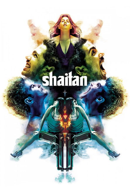 The poster features a surreal composition with a woman at the top, surrounded by ethereal figures in vibrant, swirling colors. The title "Shaitan" is prominently displayed in bold white letters, evoking a mystical and otherworldly atmosphere. The overall mood is dreamlike and mysterious, suggesti...