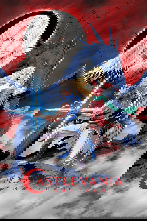 The poster features a dramatic scene with a vampire king in a black robe, a young boy holding a glowing sword, and a blonde girl in red. The background is filled with swirling clouds and a dark red sky, creating an eerie and mysterious atmosphere. The title "CASTLEVANIA NOCTURNE" is prominently d...