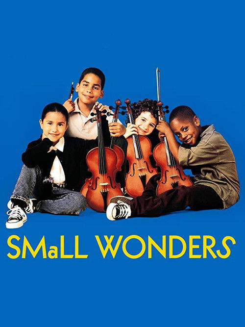 A vibrant blue backdrop features four musicians—two women and two men—posing with their instruments. The warm tones of their clothing contrast against the cool blue background, creating a lively and engaging atmosphere. The title "Small Wonders" is prominently displayed in bold yellow text at the...