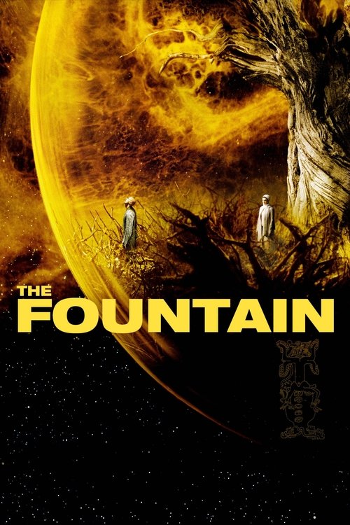 The poster features a dramatic scene with two figures standing on a rocky shore beneath a fiery, swirling sun. The intense orange and yellow hues evoke a sense of danger and mystery, while the dark, starry background adds to the ominous atmosphere. The title "The Fountain" is prominently displaye...