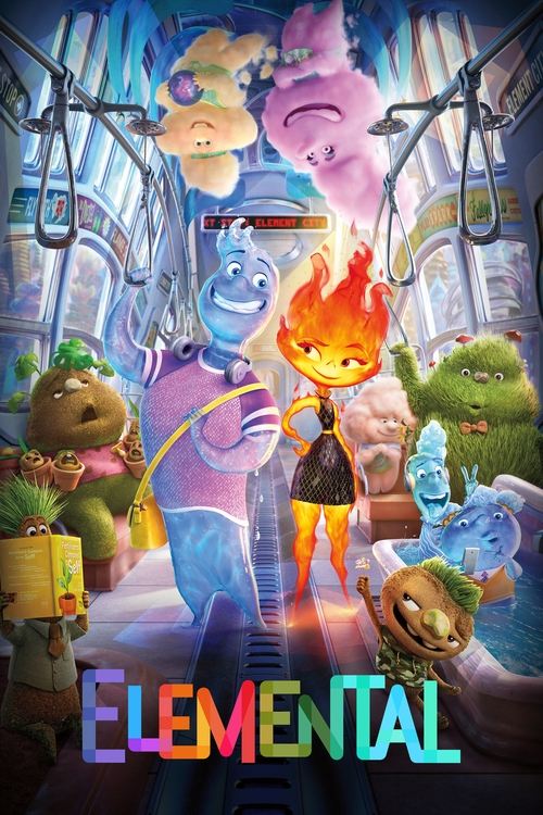 This vibrant movie poster features a group of colorful, anthropomorphic animals in a futuristic subway station, exuding a playful and adventurous mood. The characters are surrounded by glowing orbs of fire, lightning, and energy, creating a dynamic and energetic atmosphere. The title "Elemental" ...