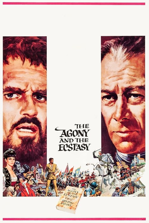 This poster captures the dramatic essence of "The Agony and the Ecstasy" with its intense close-ups of two men, one with a beard and the other with white hair. The composition uses a split design, emphasizing the emotional intensity and historical drama of the film. The muted colors and dramatic ...