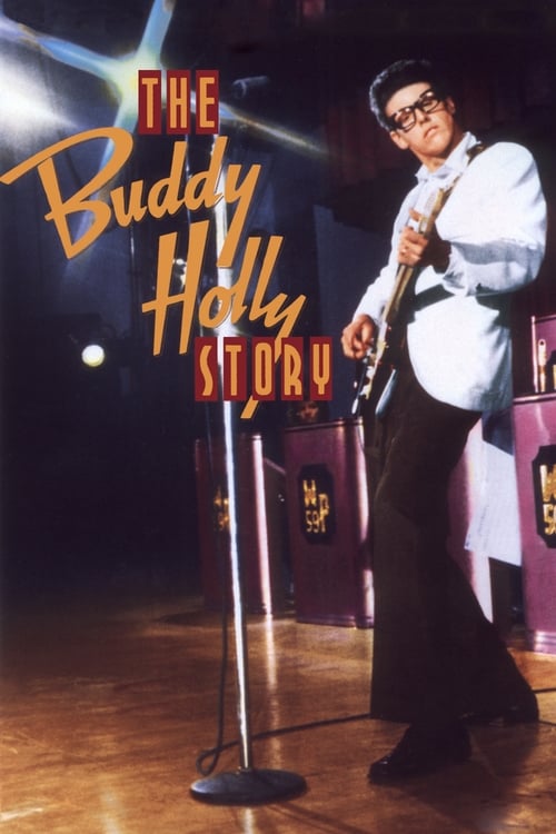 The Buddy Holly Story poster features a man in a white shirt and black pants holding a microphone, standing on a wooden stage with a microphone stand. The background is dark with purple and gold accents, creating a dramatic and nostalgic atmosphere. The title "The Buddy Holly Story" is prominentl...