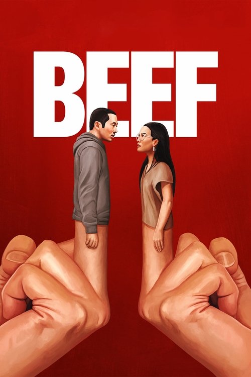 The poster features two characters standing between two giant fists, suggesting a tense or dramatic moment. The bold red background and large white letters "BEEF" create a striking visual impact. The mood appears intense and dramatic, hinting at a compelling story involving conflict or confrontat...