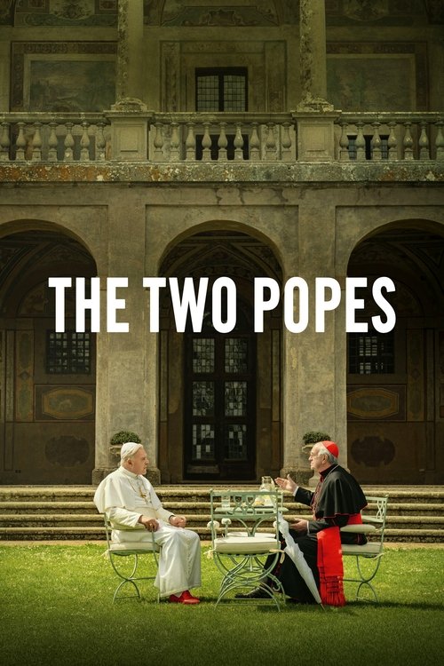 The poster features two men in formal attire seated on a lawn in front of an elegant, historic building. The warm tones of their clothing contrast with the cool, muted background, creating a serene and contemplative mood. The title "The Two Popes" is prominently displayed in bold, white letters, ...