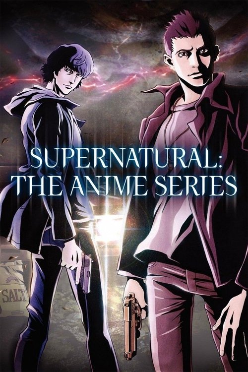 The poster features two anime characters in dramatic poses against a dark, stormy sky. The character on the left wears a black cloak and holds a glowing sword, while the character on the right stands confidently with a pistol. The color palette is dominated by deep purples, blacks, and fiery reds...