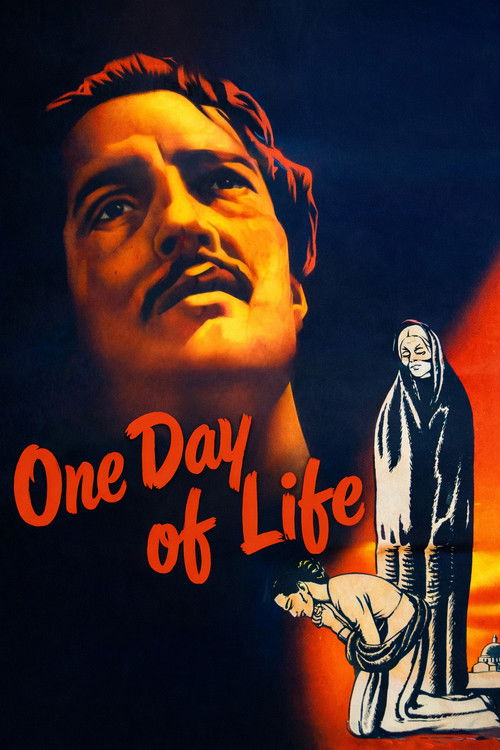 This movie poster features a dramatic portrait of a man with a mustache, bathed in warm golden light against a deep blue background. To the right, a silhouette of a man in a suit stands against a fiery orange backdrop, symbolizing a stark contrast. The title "One Day of Life" is written in bold r...