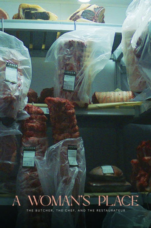 The poster features a dimly lit butcher shop scene with shelves stocked with various meats and sausages, creating a gritty atmosphere. The muted colors and shadowy tones evoke a sense of realism and authenticity, while the title "A Woman's Place" suggests a story about everyday life and human con...