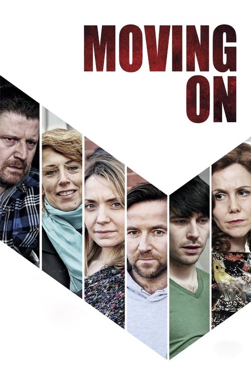The poster features a series of framed portraits of diverse characters, each with a distinct expression, set against a clean white background. The bold red text "MOVING ON" dominates the top, evoking a sense of determination and forward movement. The composition suggests a narrative of personal g...