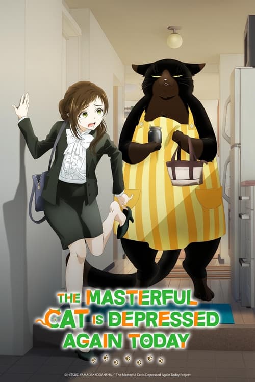 The poster features a woman in a black suit and a large black cat in a yellow striped outfit, both standing in a dimly lit room with a refrigerator. The mood is humorous and lighthearted, with the woman waving cheerfully while the cat looks equally animated. The title at the bottom adds a playful...
