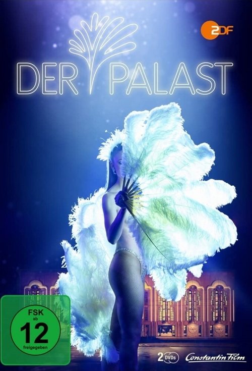 The poster features a mysterious woman in a flowing, ethereal gown against a dark, starry night sky. She holds a large, glowing white flower, creating a dreamlike atmosphere. The title "DER PALAST" is prominently displayed in elegant, glowing letters. A green FK 12 rating sticker indicates the sh...