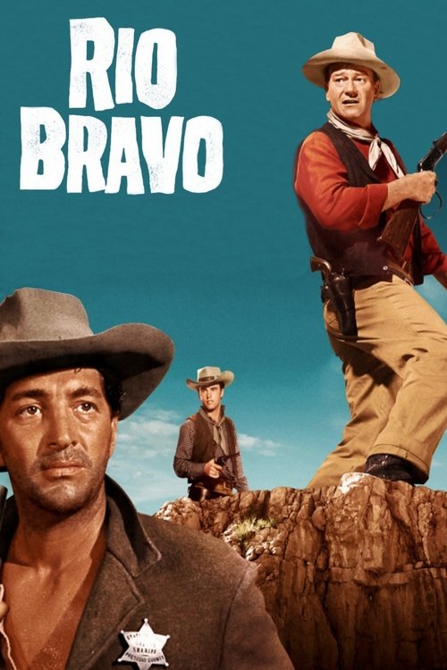 This movie poster for "Rio Bravo" features a dramatic Western scene with two men in cowboy hats and rugged clothing. The man in the foreground, wearing a brown shirt with a star badge, looks intense and serious. The man in the background, dressed in a red shirt and tan pants, stands confidently o...