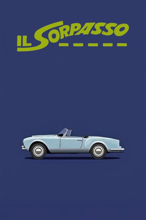 The poster features a light blue convertible car against a deep navy background, with the title "IL SORPASSO" in bold yellow letters at the top. The minimalist design evokes a sense of nostalgia and adventure, capturing the essence of classic Italian cinema.