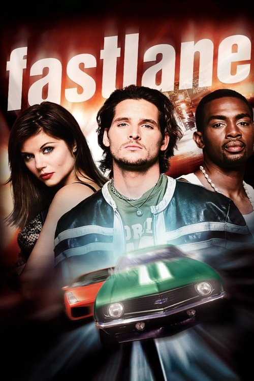 The poster features three characters in a dramatic, high-contrast scene with bold colors. The central figure stands confidently while flanked by two others, suggesting a thrilling narrative. The green and white car looms in the foreground, adding to the action-packed atmosphere. The overall mood ...