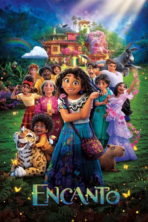 A vibrant poster featuring the Enchanting family in a magical garden, with colorful dresses and glowing lanterns. The central character, Dora, stands proudly while her friends surround her. The scene exudes joy and wonder, capturing the essence of the story's enchanting world.
