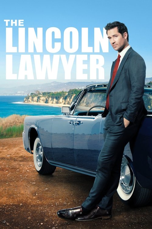 A man in a sharp suit and red tie leans casually against a classic blue convertible on a sunny California beach. The poster features bold white text and evokes a sense of sophistication and adventure.