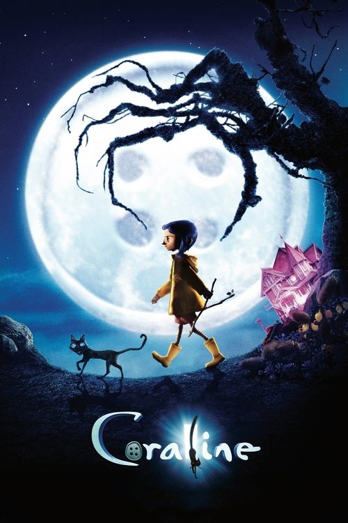 The poster features a young girl in a yellow dress running toward a giant, glowing moon. A large, dark tree with twisted branches looms above her, while a small black cat watches from the ground. The scene is set in a dark, moody forest at night, evoking a sense of mystery and adventure. The titl...