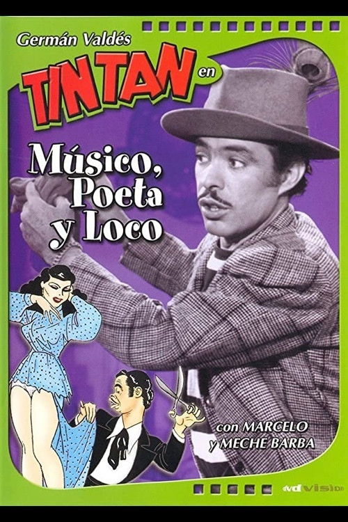 The poster features a man in a hat and plaid suit, exuding a mysterious charm with his expressive eyes and mustache. Surrounding him are three women in vibrant dresses, each with distinct poses and expressions, suggesting a lively and dynamic atmosphere. The background is a deep purple, enhancing...
