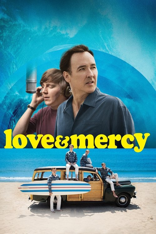 The poster features a man and woman standing on a beach with a surfboard, evoking a sense of adventure and camaraderie. The vibrant blue tones and warm beach colors create a nostalgic, inviting atmosphere. The title "Love & Mercy" is prominently displayed in bold yellow letters, suggesting themes...