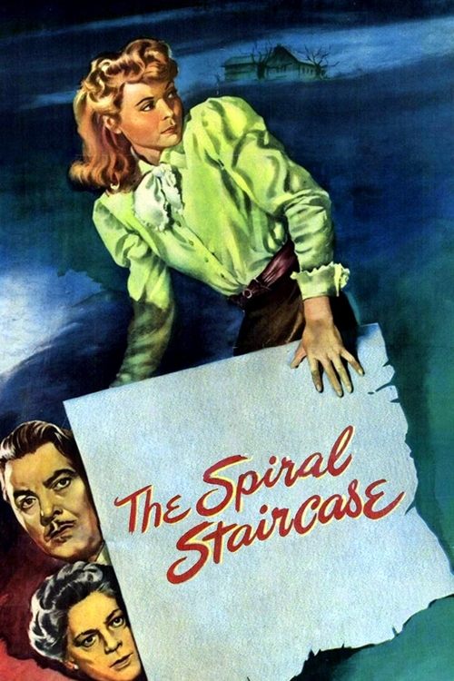The poster features a woman in a green blouse leaning over a torn piece of paper that reads "The Spiral Staircase." Below her, two characters look up with expressions of concern. The background is dark blue, suggesting a spooky or mysterious atmosphere. The overall mood is eerie and suspenseful.