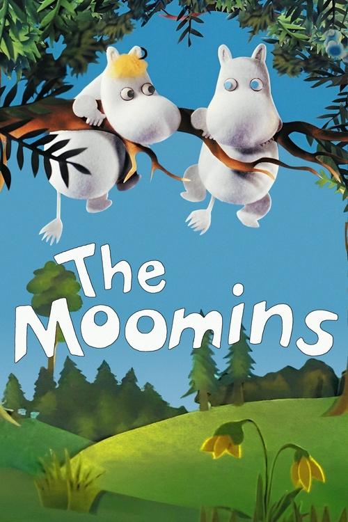 The Moomins are joyfully flying through a vibrant forest, their fluffy white forms surrounded by lush greenery and golden flowers. The cheerful blue sky and bright colors evoke a sense of whimsy and adventure.