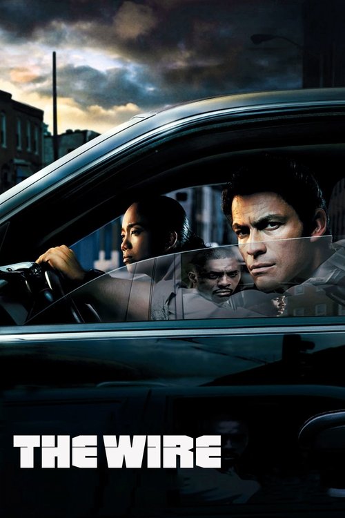 The Wire poster captures a gritty urban scene with a man in a car, his intense expression and determined gaze conveying deep emotion. The dark, moody atmosphere, combined with the gritty urban backdrop, sets a suspenseful tone. The title "THE WIRE" in bold white letters anchors the image, emphasi...