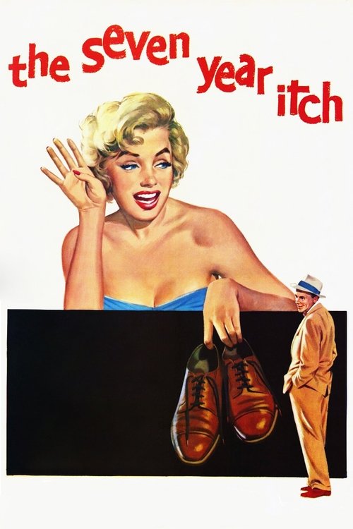 This vintage movie poster features Marilyn Monroe in a glamorous pose with blonde hair, holding a blue dress and a pair of brown shoes against a stark black background. The bold red text "the seven year itch" dominates the top, evoking a sense of nostalgia and intrigue. The overall composition ex...