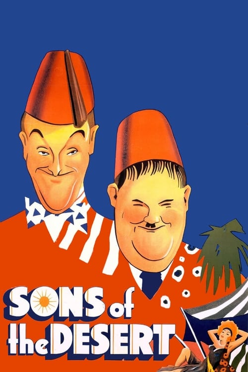 The poster features two animated characters in vibrant orange outfits against a deep blue background, exuding a cheerful and adventurous mood. The title "Sons of the Desert" is prominently displayed in bold white letters, suggesting themes of exploration and camaraderie.