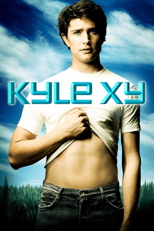 The poster features a young man with short brown hair, wearing a white t-shirt and jeans, with his shirt pulled up to reveal his midsection. The background is a vibrant blue sky with wispy clouds, and the title "KYLE XY" is prominently displayed in bold, neon-style lettering. The mood is youthful...