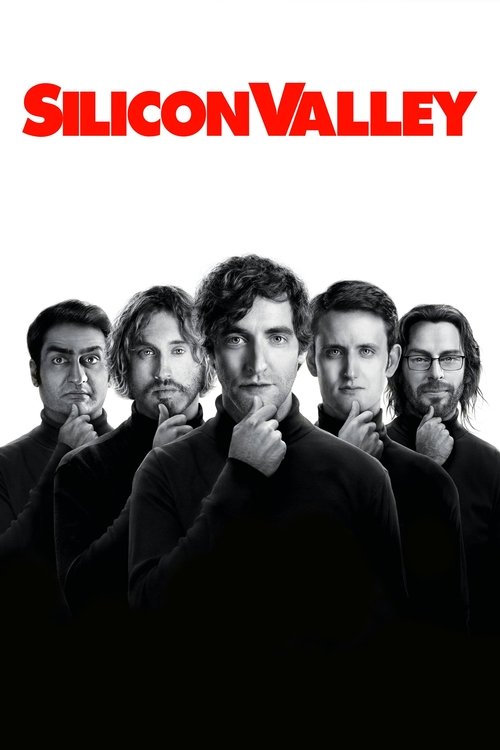 The poster features five men in a dimly lit, moody setting with stark black and white tones. The title "Silicon Valley" is prominently displayed in bold red letters at the top, evoking a futuristic yet gritty atmosphere. The mood is intense and mysterious, suggesting a thriller or drama.
