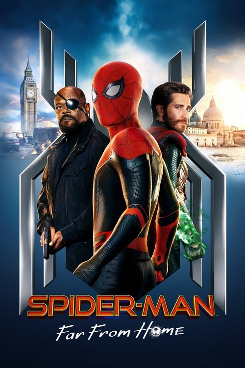 The poster features Spider-Man in his classic red and blue suit, flanked by two other characters. The background showcases iconic landmarks like Big Ben and the Eiffel Tower, suggesting a global adventure. The dramatic lighting and bold colors convey a sense of action and excitement.