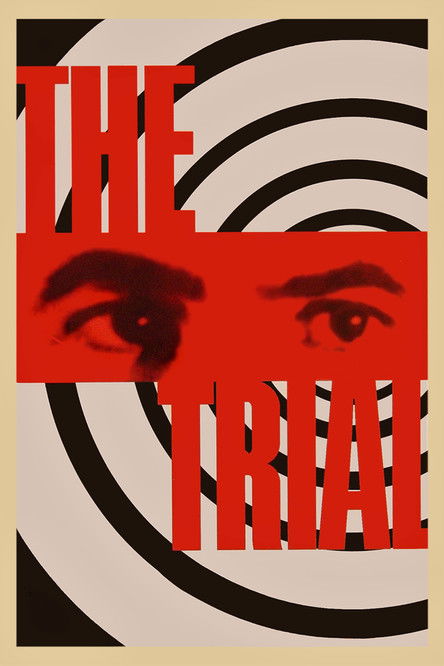 The poster features a striking black-and-white design with bold red text spelling out "THE TRIAL." Two eyes are superimposed in the center, creating a mysterious and intense mood. The geometric patterns in the background add to the dramatic and suspenseful atmosphere.