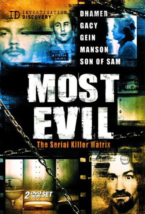 The poster features a gritty, dark atmosphere with a collage of faces and scenes evoking suspense and horror. The title "Most Evil" dominates in bold, distressed typography, surrounded by eerie imagery that hints at a supernatural thriller. The color palette is dominated by dark greens, blacks, a...