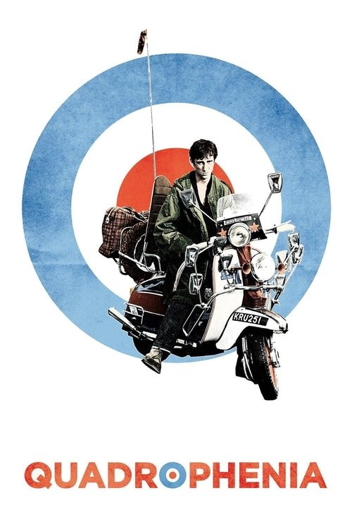 The poster features a man in a green jacket riding a motorcycle against a stylized blue and red background. The mood is adventurous and nostalgic, evoking a classic film aesthetic. The word "Quadrophenia" is prominently displayed at the bottom in bold, orange letters.