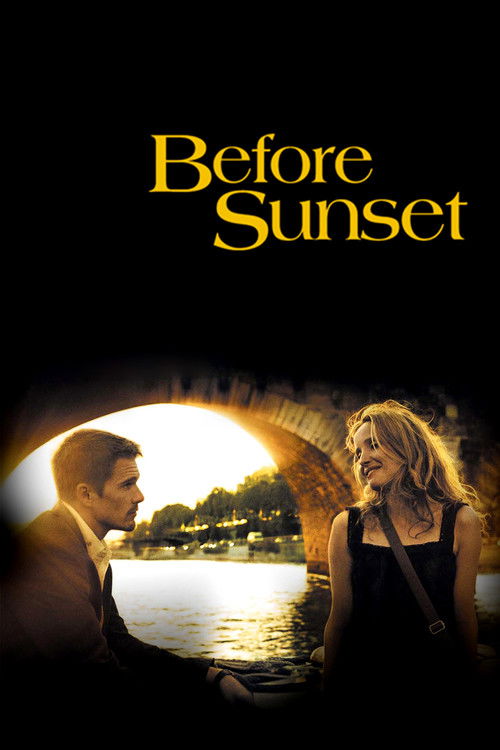 The poster features a romantic couple standing by a serene river, framed by a warm sunset glow. The golden title text contrasts with the dark background, evoking a nostalgic and hopeful mood.