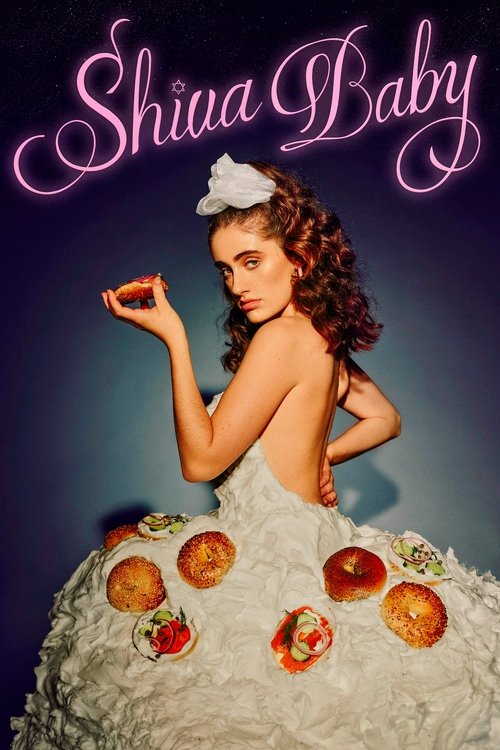 A glamorous woman in a white dress with a white flower in her hair poses against a dark blue background, surrounded by slices of pizza. The poster features elegant script text at the top.