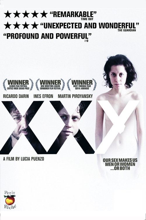 The poster features a striking black-and-white image of two women with crossed arms, evoking mystery and tension. The title "XXY" is prominently displayed in bold, white letters against a stark background. The film's cast is highlighted with laurel wreaths, suggesting critical acclaim. The overal...