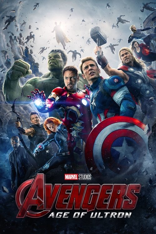 This poster showcases the Avengers in dynamic action poses, with Captain America holding his iconic shield and Iron Man displaying glowing energy. The dark, stormy background adds tension, while the vibrant colors of their suits contrast sharply with the ominous sky. The title "Avengers: Age of U...