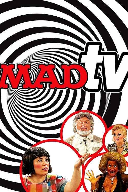 The poster features a swirling black-and-white spiral background, symbolizing madness and chaos. Three characters appear in circular frames: a woman with short hair, a man in a white shirt, and a woman with blonde hair, all exuding a mix of humor and intensity. The bold red "MADtv" logo stands ou...