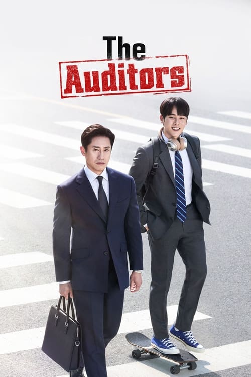 The Auditors poster features two men in formal suits walking across a crosswalk, one holding a briefcase and the other balancing on a skateboard. The red and white logo stands out against the muted background, conveying a professional yet slightly humorous tone.