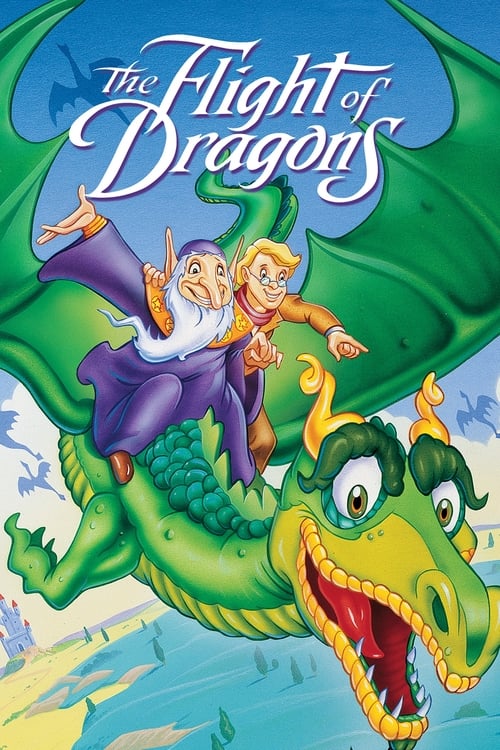 The poster features two young adventurers riding a vibrant green dragon with wings spread wide. The dragon's expressive eyes and open mouth convey excitement and adventure. The background shows a bright blue sky with fluffy clouds, enhancing the cheerful and magical atmosphere. The title "The Fli...