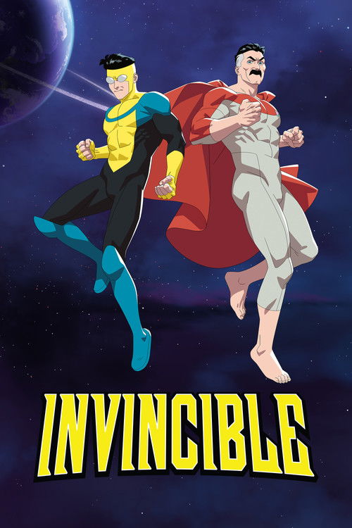 Two superheroes fly through space, one in a yellow and blue suit with a black cape, the other in a gray suit with a red cape. The dark blue background with stars and a planet adds depth to the dramatic scene. The bold yellow title "INVINCIBLE" anchors the image, emphasizing the show's theme of ex...