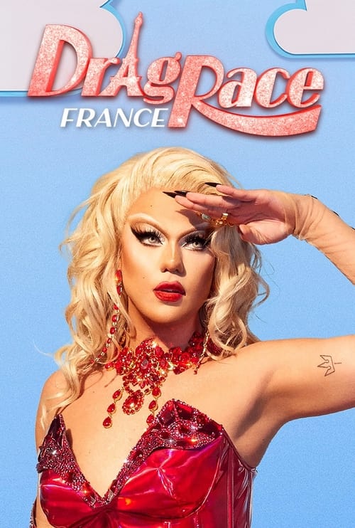 The poster features a glamorous blonde drag queen in a red dress, striking a confident pose with her hand on her forehead. The vibrant red and pink color scheme, along with bold makeup, convey a bold, energetic, and glamorous mood.