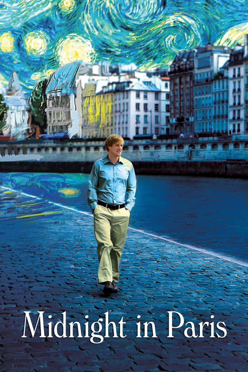 The poster features a man walking on a cobblestone street in Paris, with a swirling, starry sky above. The colors are vivid, with blues, yellows, and whites dominating the scene. The mood is mysterious and dreamlike, evoking a sense of nostalgia and romance.