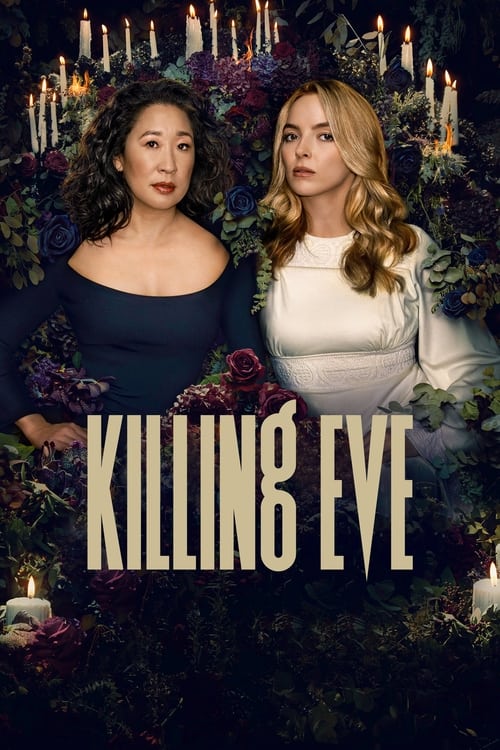 The poster features two women in dark, moody settings with candles and flowers, creating a mysterious and eerie atmosphere. The title "KILLING EVE" is prominently displayed in bold, golden letters.