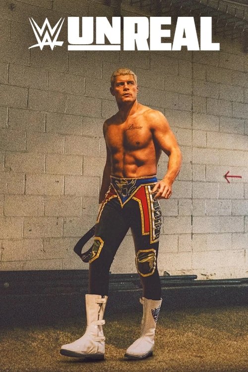 The muscular wrestler stands confidently against a gritty brick wall, exuding raw power and intensity. His vibrant red, black, and gold wrestling trunks contrast sharply with his white boots and pale skin. The dramatic lighting highlights his physique, while the bold "WWE UNREAL" title anchors th...