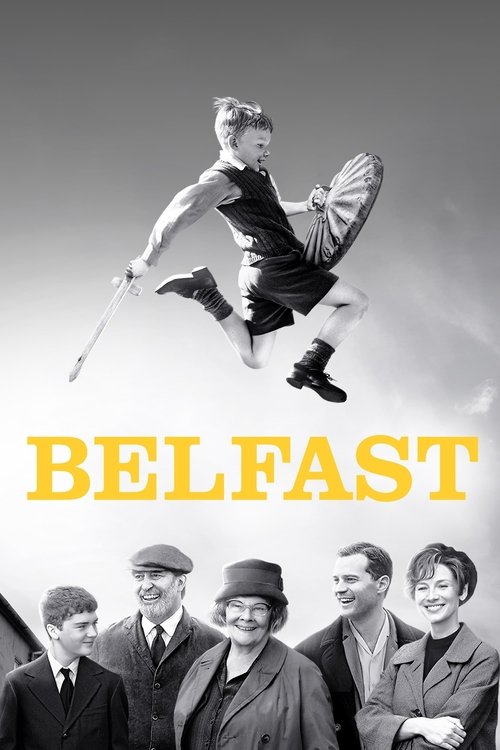 This black-and-white poster captures a classic noir aesthetic with a striking silhouette of a man in mid-air, holding a baton above the title "BELFAST" in bold yellow letters. Below, four men in period attire stand confidently, exuding a mix of mystery and camaraderie. The composition evokes a ti...