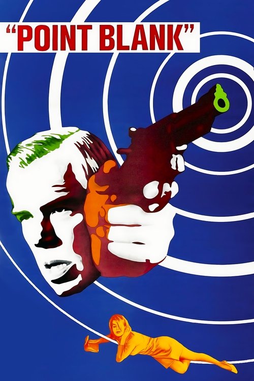 The poster features a surreal composition with a man's face partially obscured by a large revolver, set against a blue background with concentric white circles. A small figure in orange is depicted in motion below, while the title "POINT BLANK" is prominently displayed in bold red letters. The im...