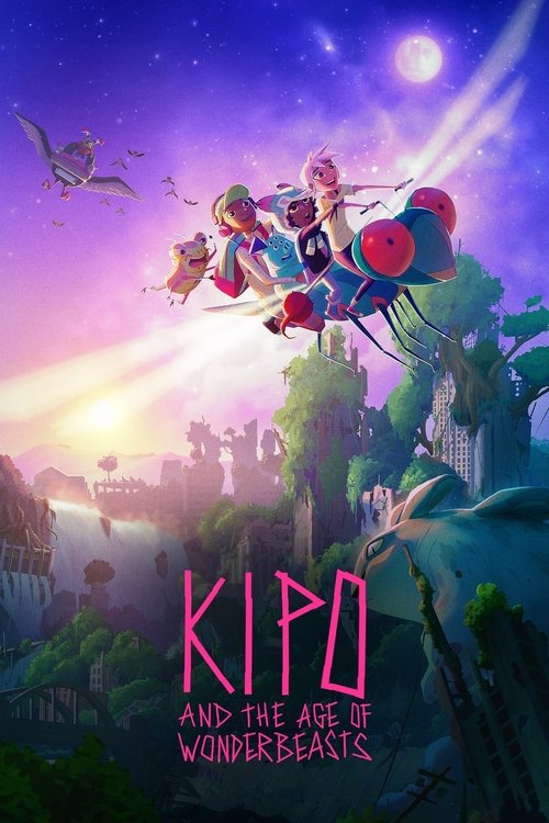 The poster features a vibrant scene with characters in colorful, whimsical outfits soaring through a starry sky filled with glowing orbs. The mood is magical and adventurous, capturing the essence of a fantasy adventure.